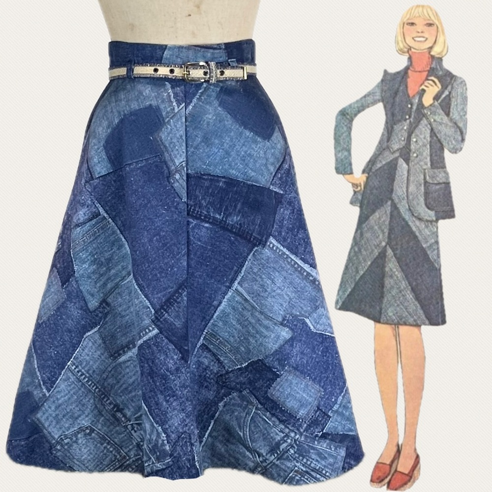 VINTAGE 60s 70s denim patchwork print skirt a-line flare midi high waist belt